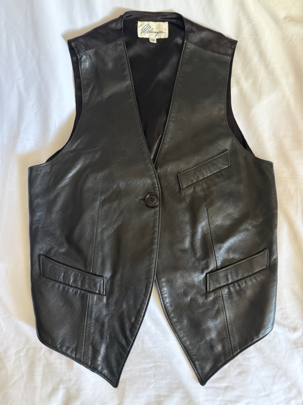 Melanzona Vintage Biker Black Leather 1 Button Vest w/Adjustable Strap - Medium